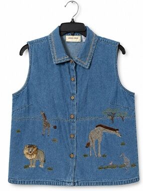 Lemon Grass Vtg Women's Large Blue Denim Safari Animal Embroidered Button Vest